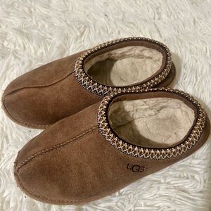 UGG Tasman Tan Suede Slippers with Patterned Trim